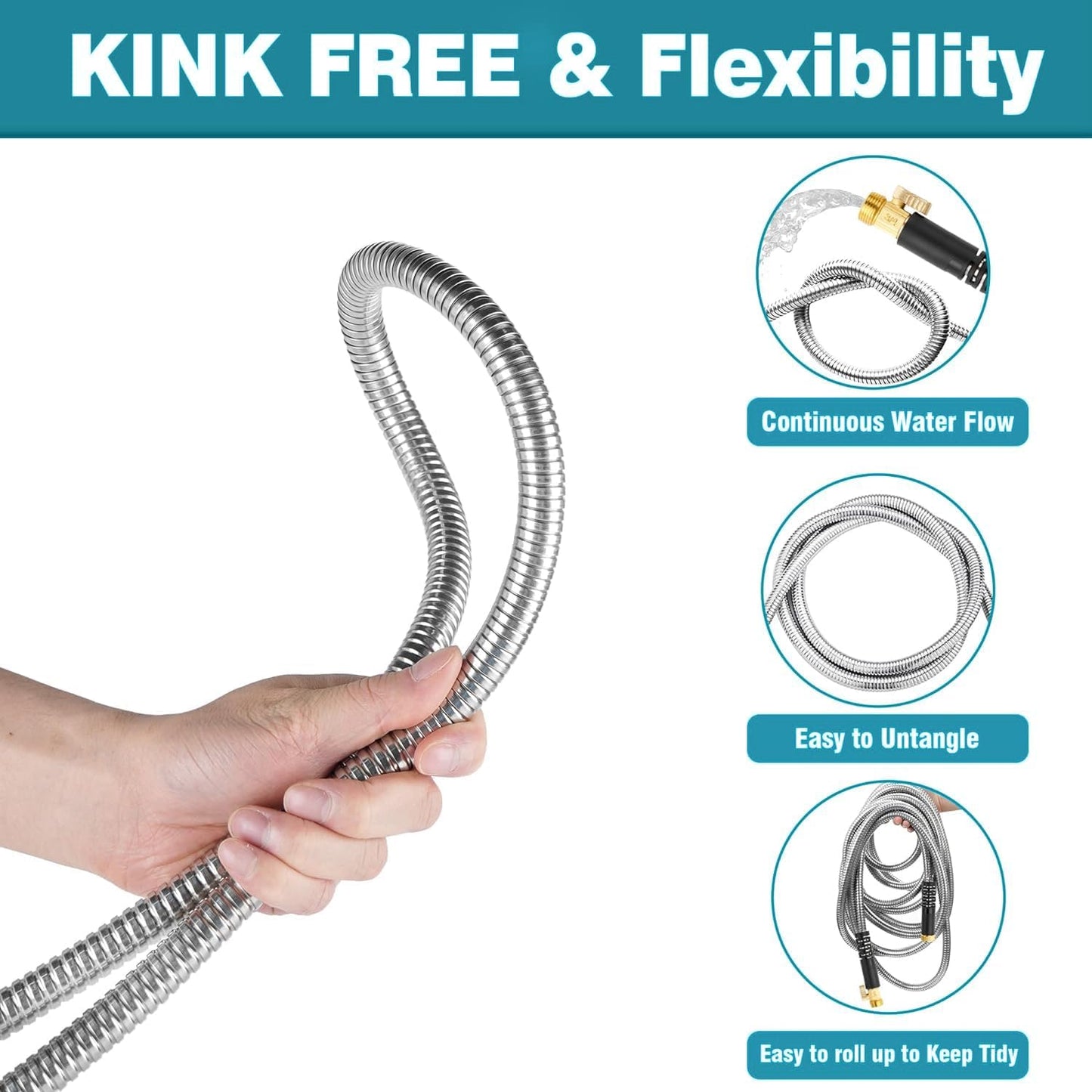 Metal Garden-Hose 200Ft Stainless Steel Water Hose Heavy Duty with 10 Way Nozzle – Flexible, Lightweight, No Kink & Tangle, 3/4'' Solid Metal Fitting, Shut-Off Valve for Outdoor Yard