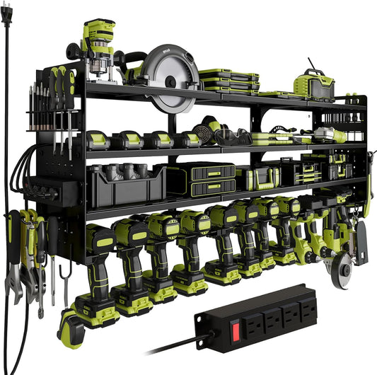 12 Cordless Drill Holder Large Power Tool Organizer Wall Mount with Side Pegboard & Screwdriver Holder, 4-Tier Heavy Duty Metal Tool Storage Rack with 4-Outlet Power Strip