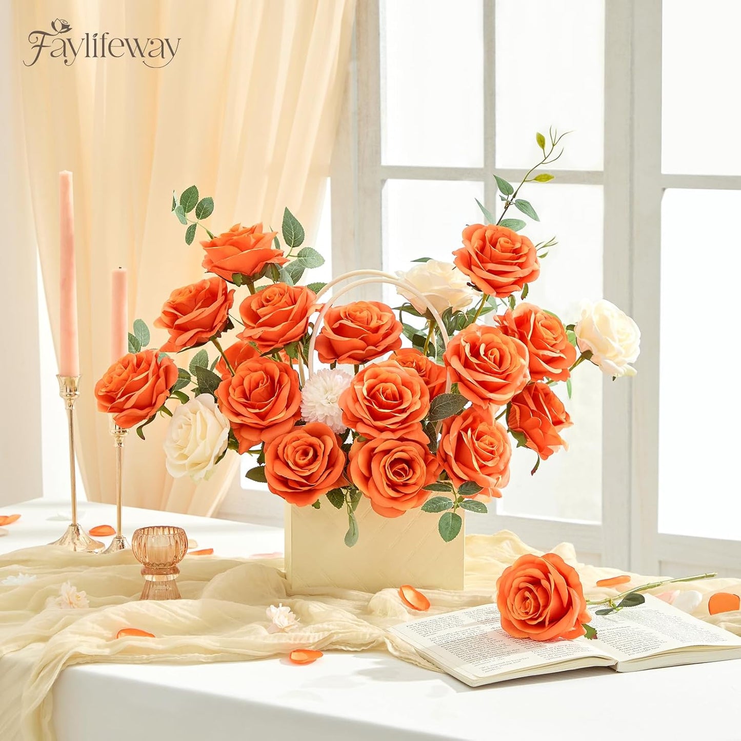20PCS Artificial Light Orange Roses, 3.9'' Silk Flower Head Fake Light Orange Rose with Long Stems, Realistic Faux Roses Bouquet for Mother's Day DIY Wedding Home Party Office Decoration