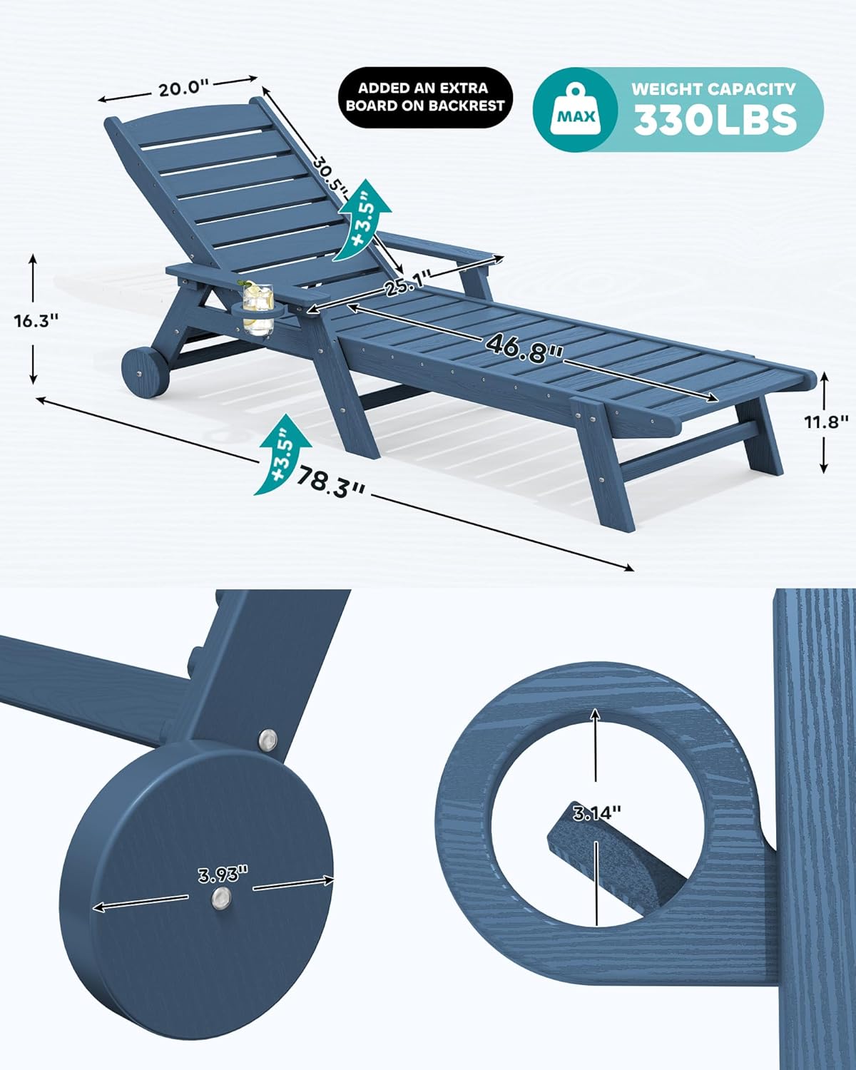 SERWALL Patio Chaise Lounge Chair, 78'' Long HDPE 5 Positions Adjustable Outdoor Lounger, Poly Lounge Chair with Rolling Wheels & Cup Holder for Pool, Navy Blue