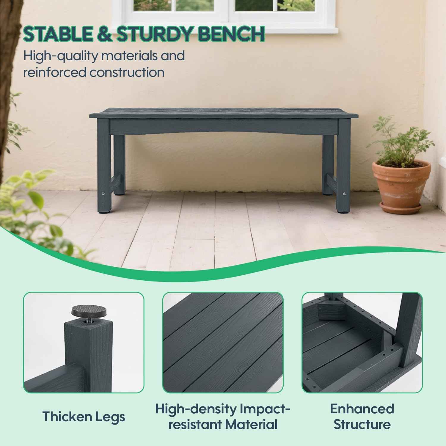 Weatherproof HIPS Outdoor Bench, 2-Person Patio Dining Bench, All-Weather Poly Lumber Garden Bench, Never Rot or Fade, Park Bench with Wood Grains for Porch, Garden, Deck, Entryway, Grey