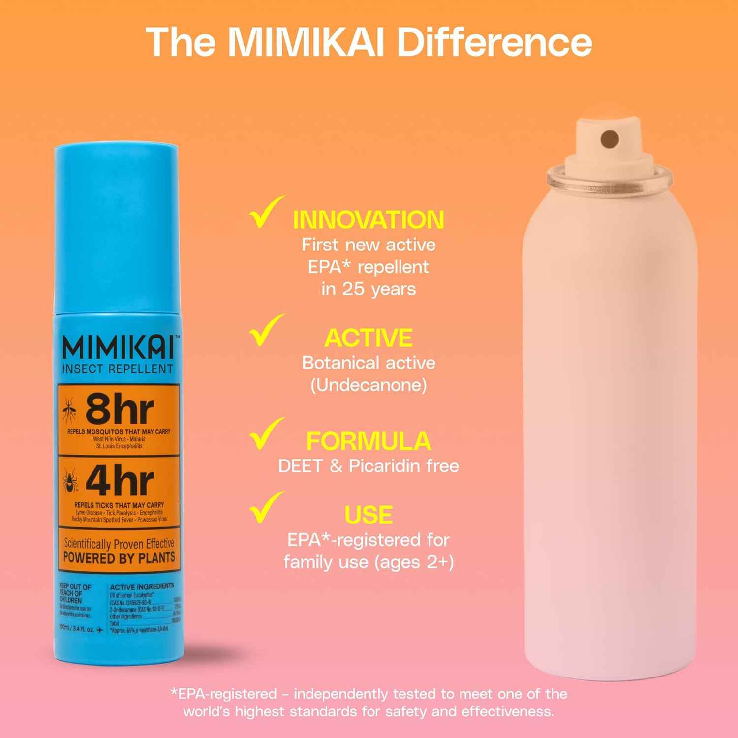Mimikai Mosquito & Tick Repellent Spray- DEET-Free Naturally Derived Bug Spray for Adults & Kids(2+)- EPA-Registered Insect Repellent- 8-Hour Mosquito & 4-Hour Tick Protection, 3.4 fl oz Travel Size