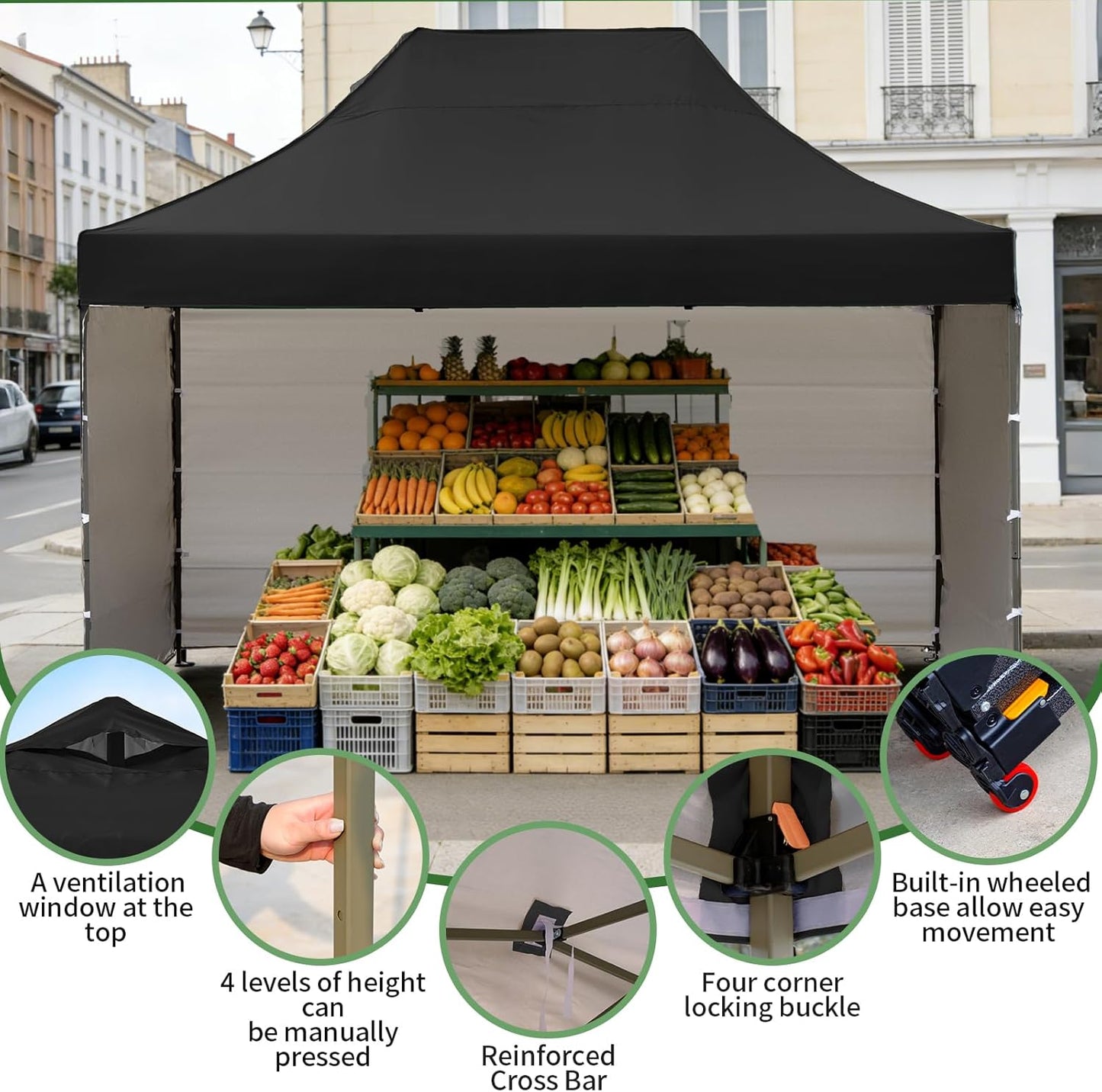 10x15 Heavy Duty Pop Up Canopy Tent, Outdoor Commercial Easy Up Canopy Outdoor Party Tents with 3 Removable sidewalls and Wheeled Bag for Events, Parties, Weddings(Black)