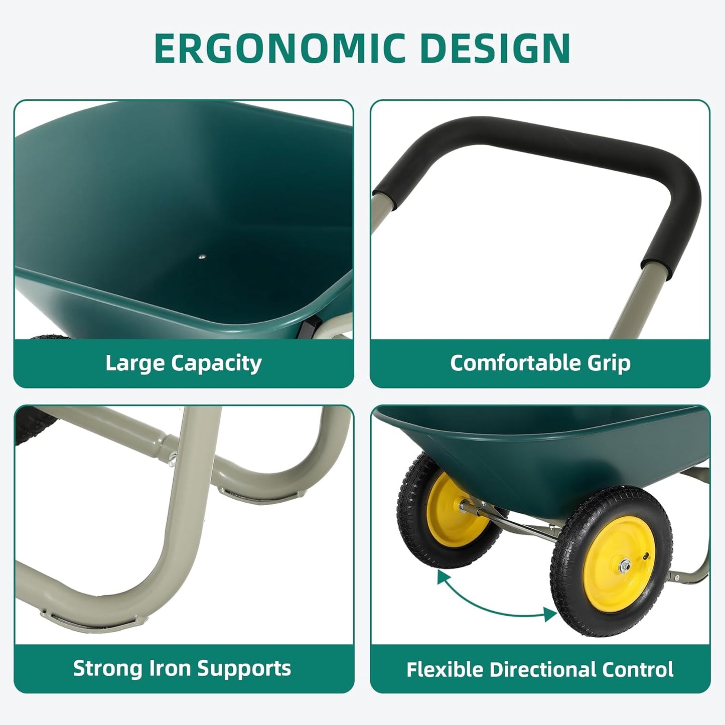 Dual-Wheel Garden Cart, 14" Pneumatic Tires & Built-in Stand, 4.5 Cu Ft Utility Yard Wheelbarrow for Gardening, Soil, Construction, Easy Assembly