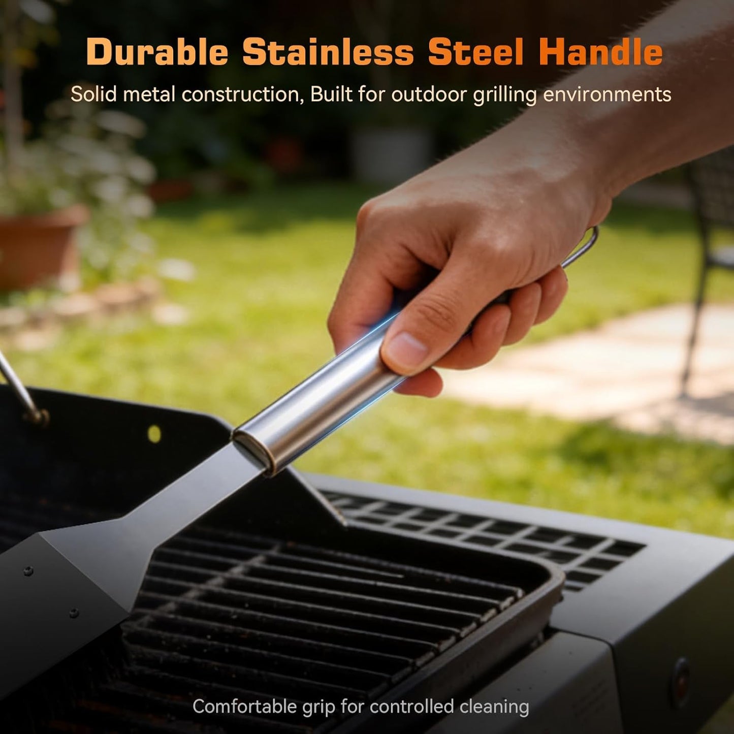 BBQ Grill Brush and Scraper, Heavy Duty Grill Cleaner with Stainless Steel Handle, Replacement Brush Head Included, Grill Cleaning Brush for Gas, Charcoal & Smoker Grill Grates （15 inch）