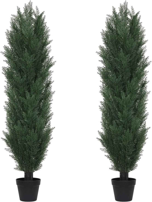 THE BLOOM TIMES 5ft Topiary Trees Artificial Outdoor Set of 2, UV Resistant Faux Cedar Pine Cypress Bushes & Shrubs, Fake Plants for Front Porch Outside Planter Patio Decor 5 Foot Tall