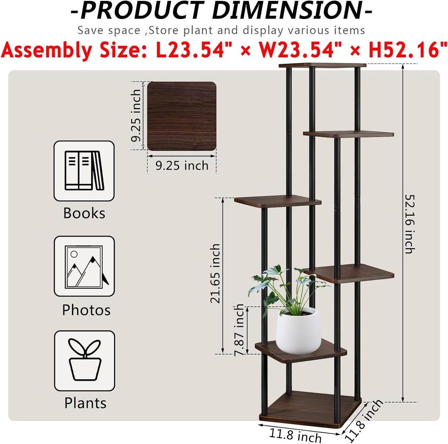 AZERPIAN Plant Stand 6 Tier Indoor Metal Flower Shelf for Multiple Plants Corner Tall Flower Holders for Patio Garden Living Room Balcony Bedroom, Black Oak