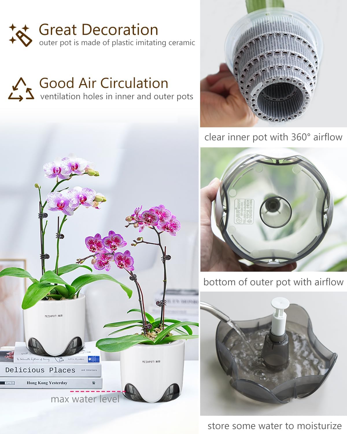 6 inch Orchid Pots with Holes for Repotting with Excellent Airflow, Set of 2, Double Layer Plastic Imitate Ceramic Orchid Planter, Clear Orchid Pot Match Decorative Orchid Container