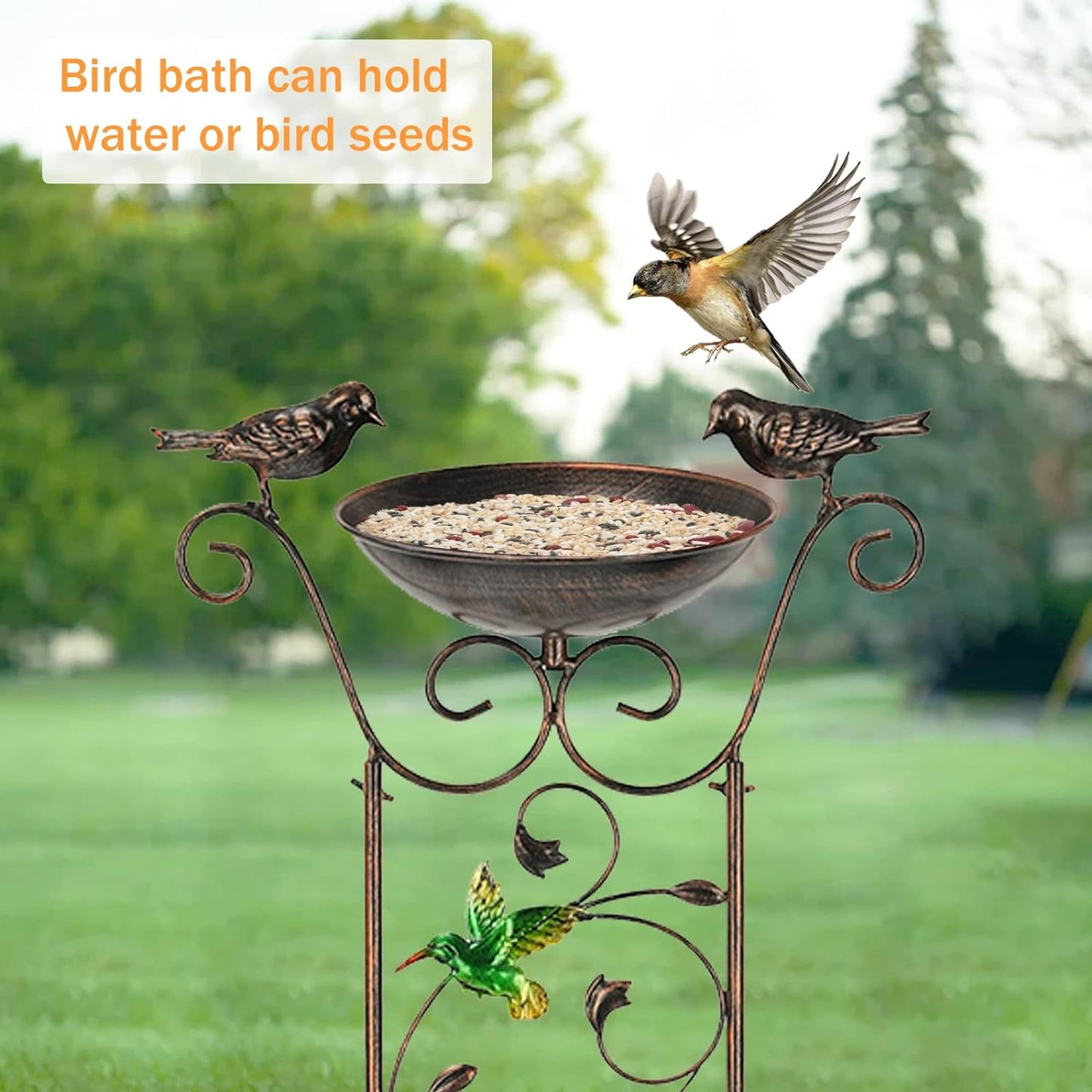 LEWIS&WAYNE Garden Trellis Bird Bath Outdoor, 40 Inch Antique Iron Garden Plant Trellis Decorative with Hummingbirds and Detachable Drinking Basin Bowl, Free Standing BirdBath Birdfeeder Station