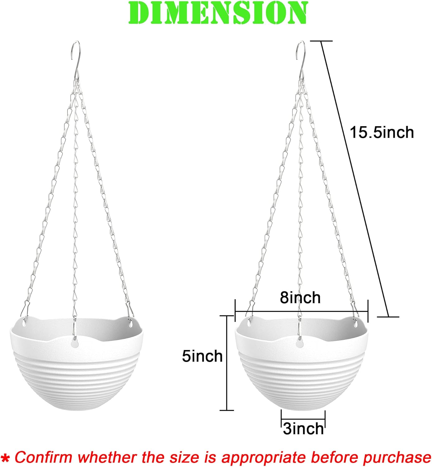Hanging Planters, Set of 9 White Hanging Pots, 8" Hanging Flower Pots, Plant Pots with Drainage Plugs, Water Barrier and Chains, Come with Free Mini Garden Tools Set
