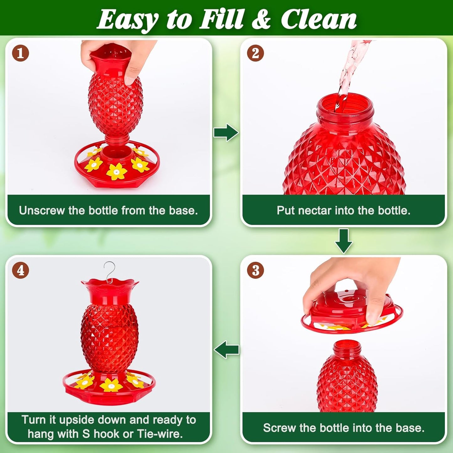 Fchstaer Glass Hummingbird Feeders for Outdoors Hanging 16oz 2 Pack Red Pineapple Bee & Ant Proof 360°Perch Leakproof Easy Clean with 6 Feeding Ports Gifts for Mom