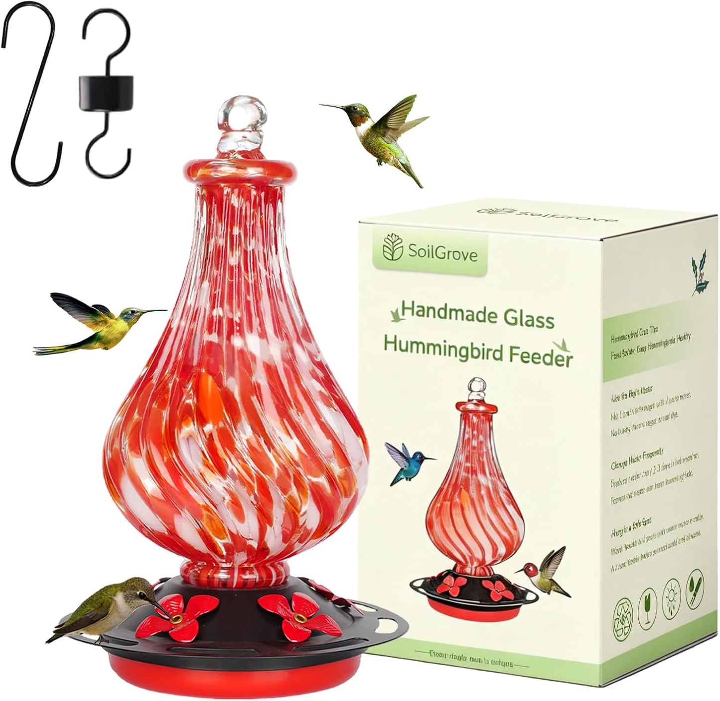 Glass Hummingbird Feeder,24oz Red Hand Blown Humming Bird Feeders for Outdoors Hanging with 5 Feeding Ports & Ant Moat, for Women Men,Hanging Garden Decor