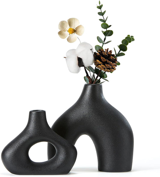 CEMABT Black Ceramic Vase Set of 2 for Modern Minimalist Bohemian Decor，Round Matte Donut Vases for Pampas Grass-Perfect for Living Room, Dining Table, Office Bedroom Shelf Decor Entryway, Console