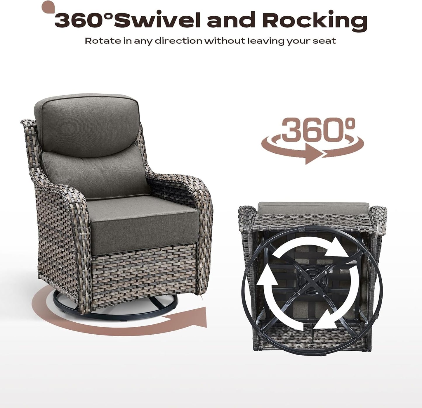 Wicker Outdoor Patio Furniture Set - 5 Piece Patio Conversation Sets with Swivel Rocker Chairs, Ottomans and Sofa, 6 inch Cushions, Waterproof Wicker, for Porch Deck Mixed Grey/Grey