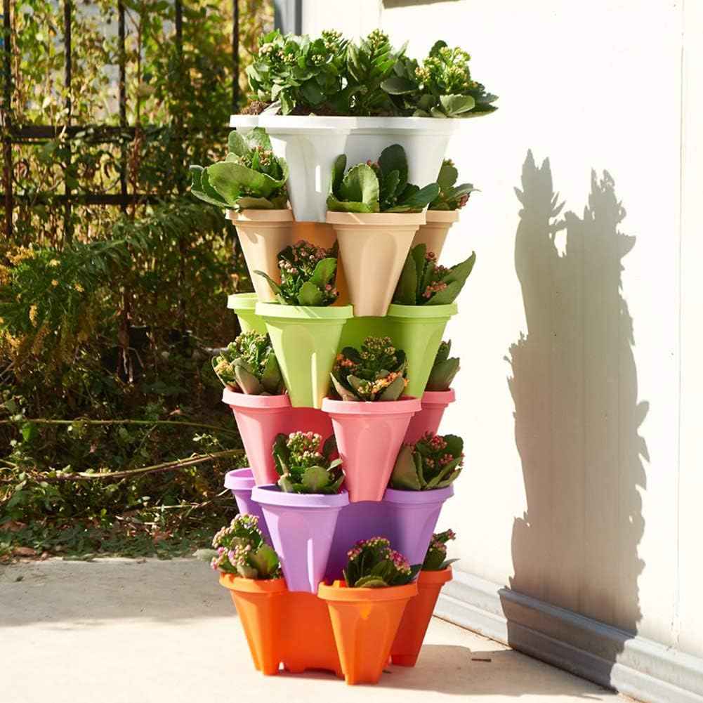Vertical Planter 5 Tiered,Stackable Planters for Strawberry Herb Flower and Vegetable Stacking Garden Tower Gardening Pots with Removable Wheels and Bottom Indoor Outdoor