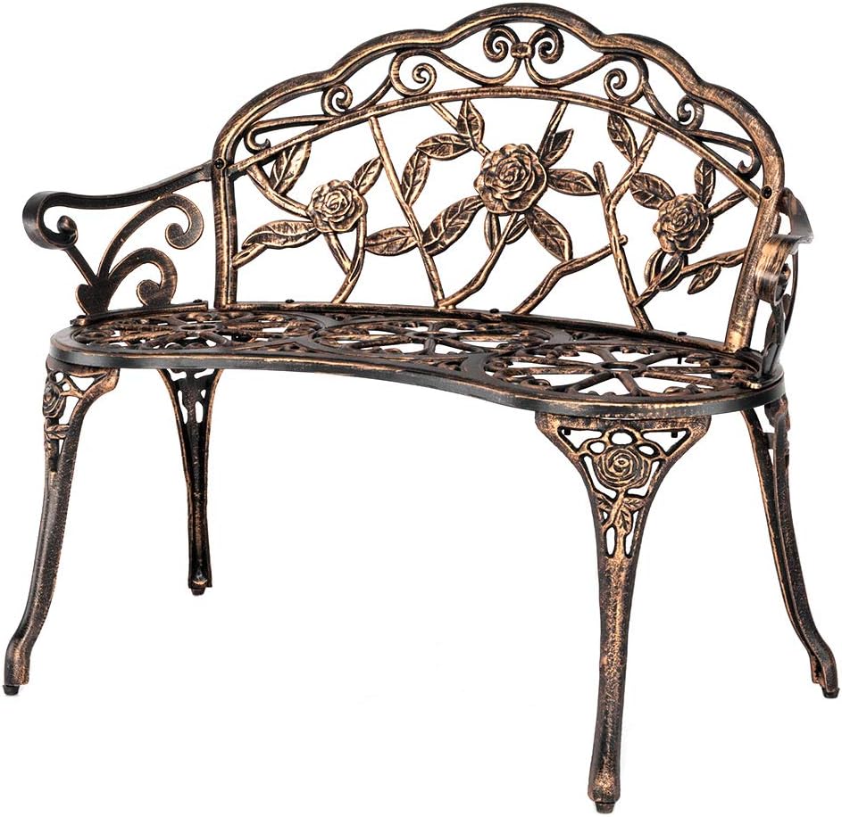 VINGLI 38.5" Patio Park Garden Outdoor Metal Rose Bench,Cast Iron Cast Aluminium Frame Antique Finish Chair,Accented Lawn Front Porch Path Yard Decor Deck Furniture for 2 Person Seat（Bronze