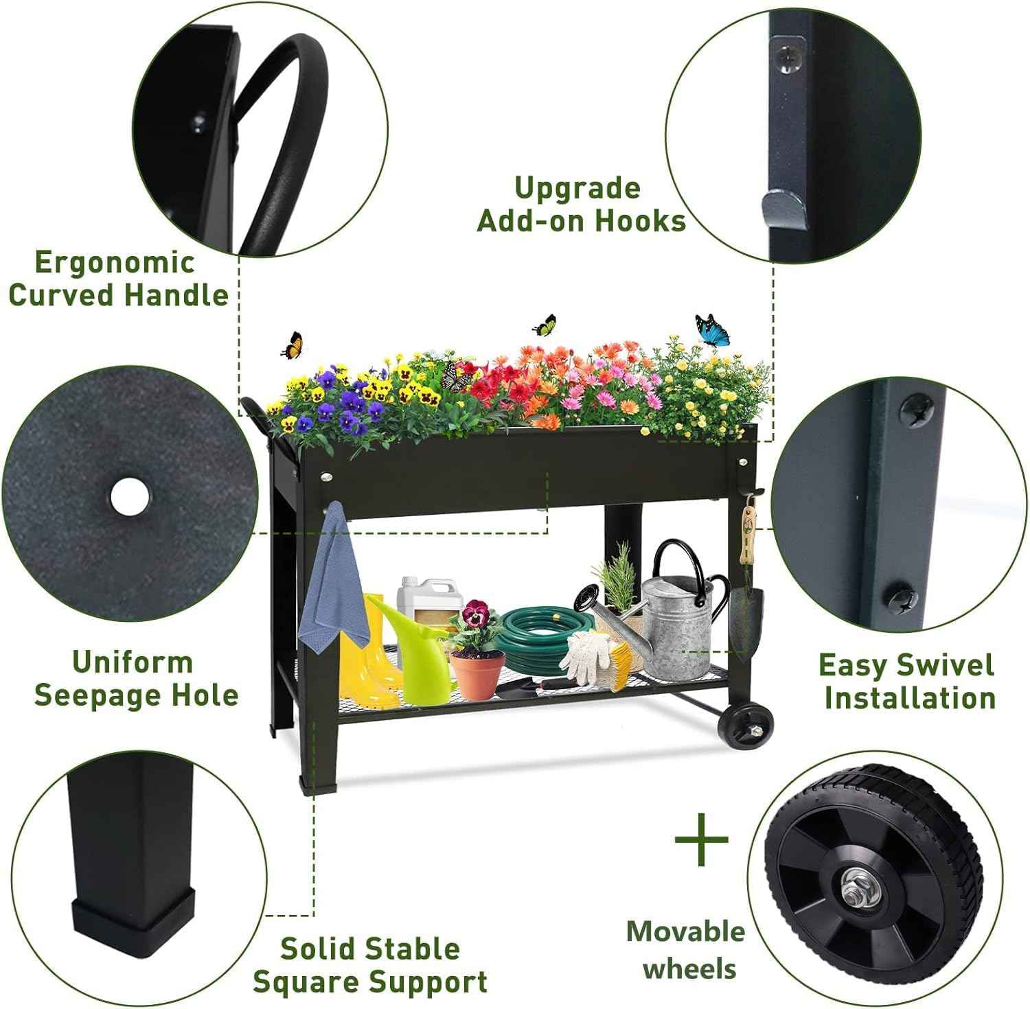 aboxoo Large Planter Raised Beds with Legs Outdoor Metal Planter Box on Wheels Elevated Garden Bed for Vegetables Flower Herb Patio (40" L x 11" W x 31.5" H)