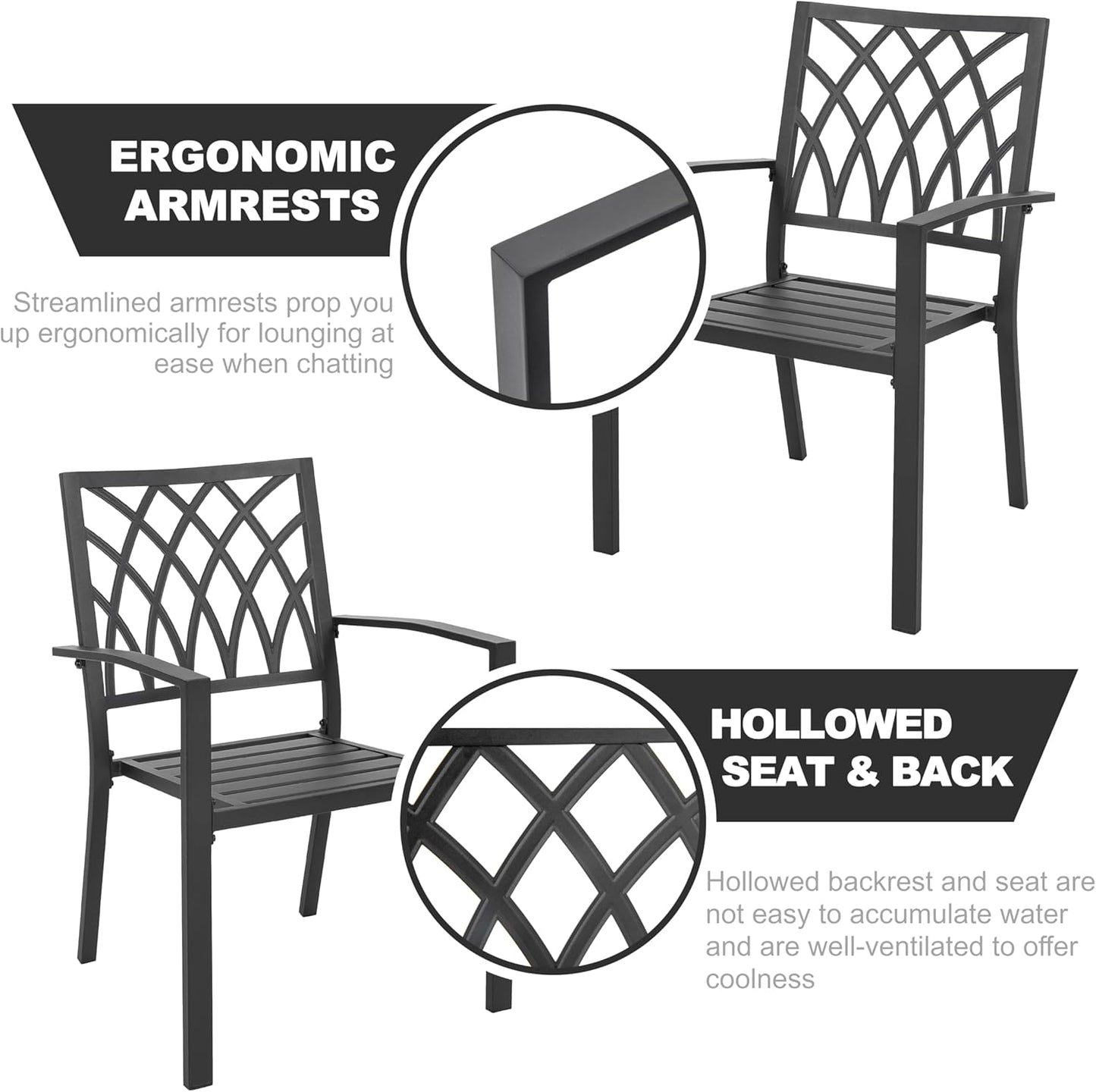 NUU GARDEN Patio Outdoor Dining Chairs Set of 2, Portable Patio Dining Chairs, Stackable Patio Chairs Metal Chairs for Backyard Lawn Deck Poolside Porch Bistro, Black