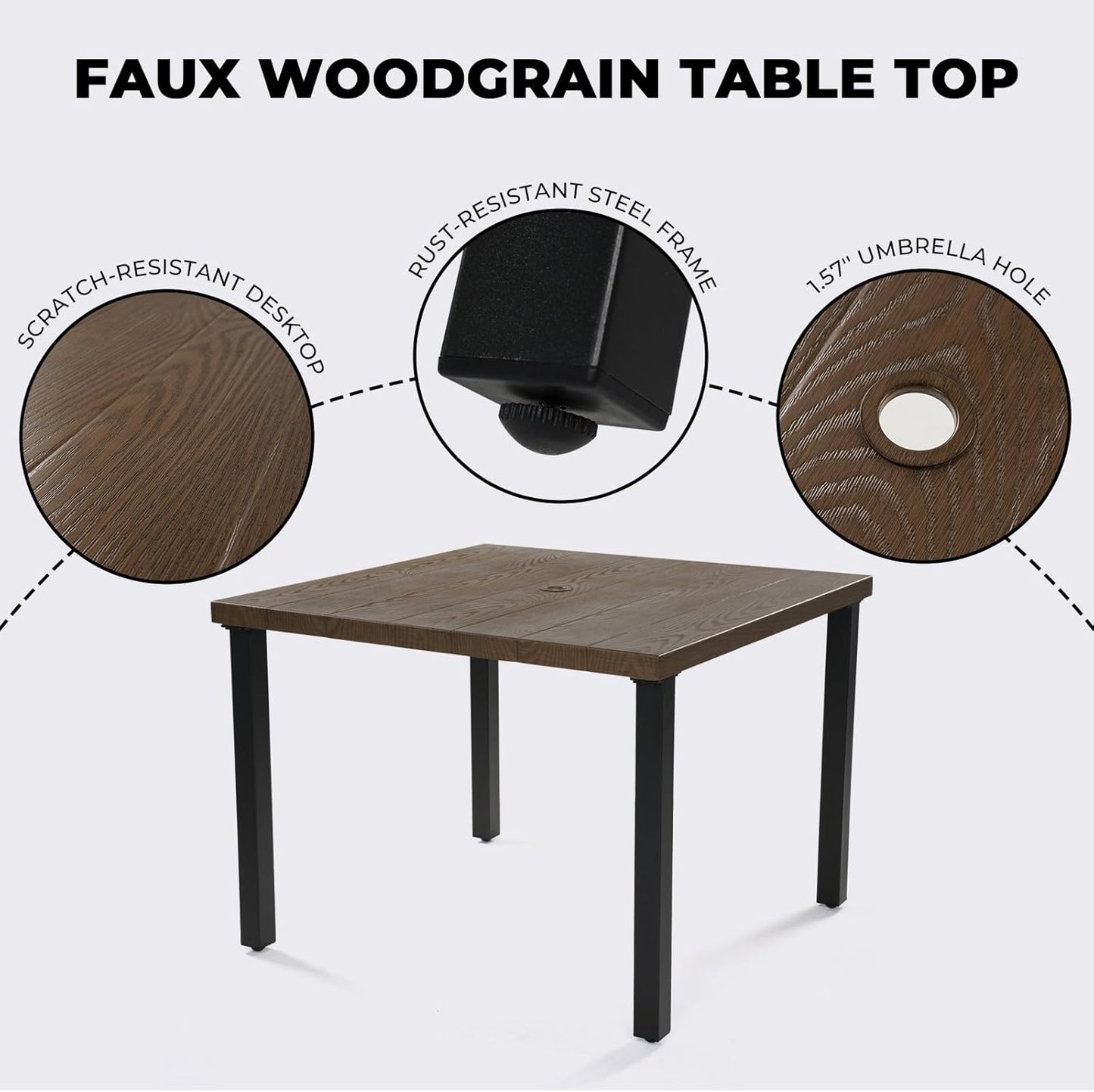 Grand patio 5-Piece Outdoor Dining Set, 4 Leather-Look Wicker Swivel Patio Chairs & 1 Square Woodgrain Dining Table, Brown