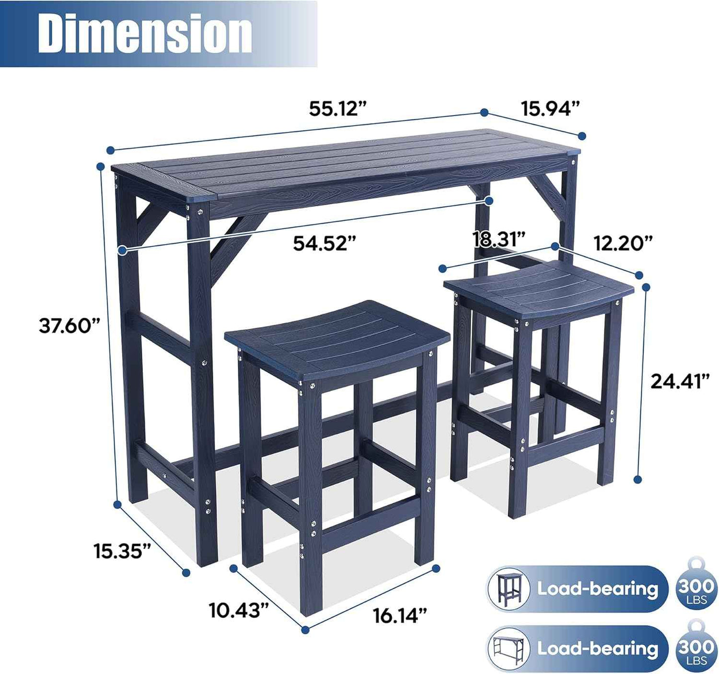 Outdoor Patio Bar Set,All Weather HIPS Table and Chairs Set,High Top Dining Table with 2 Bar Stools,Outside Rectangle Furniture for Balcony,Poolside,Backyard, Garden (Blue, 3 pcs)