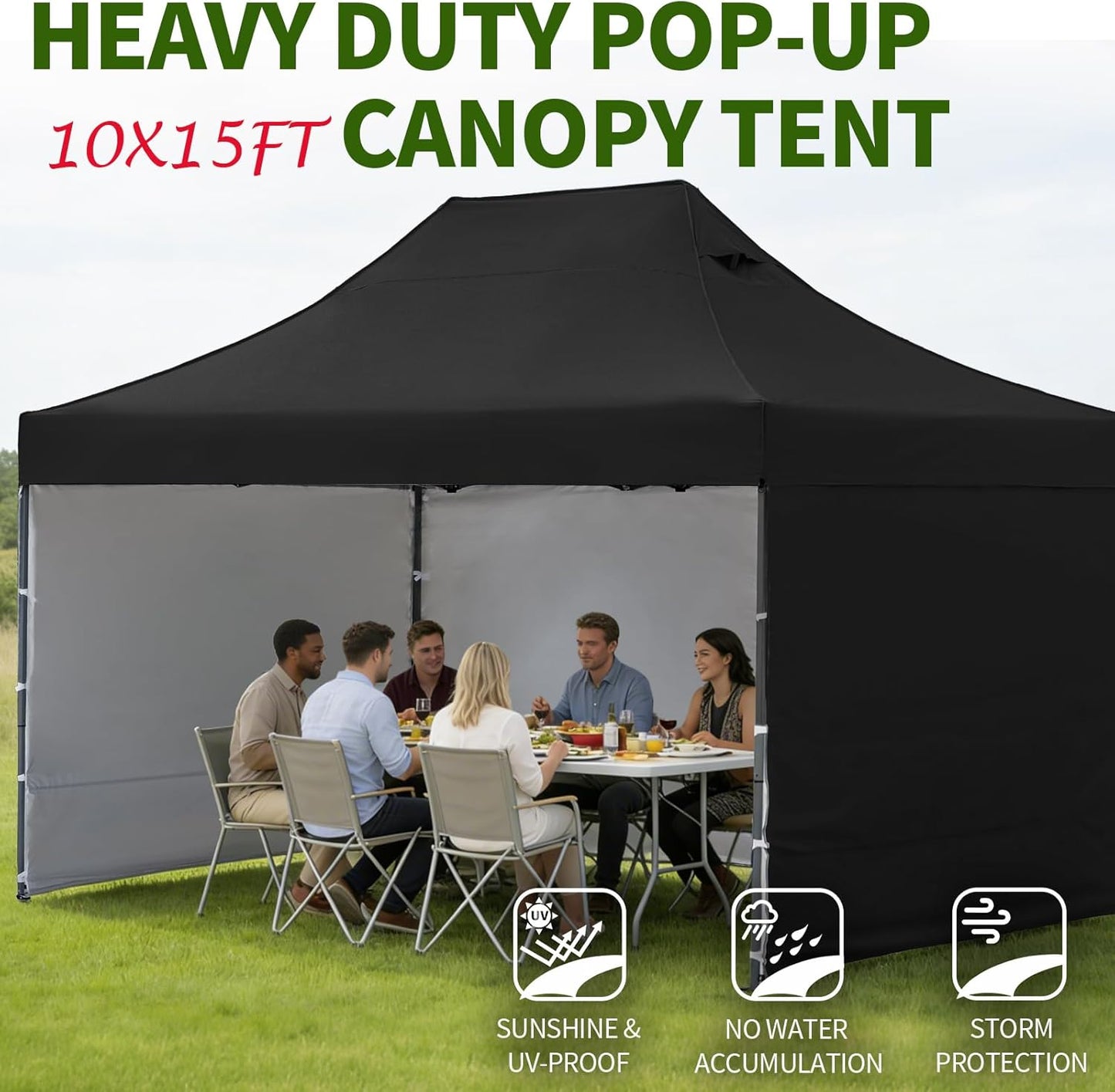10x15 Heavy Duty Pop Up Canopy Tent, Outdoor Commercial Easy Up Canopy Outdoor Party Tents with 3 Removable sidewalls and Wheeled Bag for Events, Parties, Weddings(Black)
