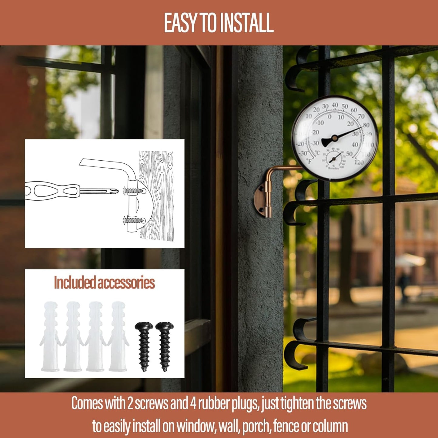 4-Inch Brass Outdoor Thermometer - Analog Temperature Gauge for Patio, Greenhouse and Garage