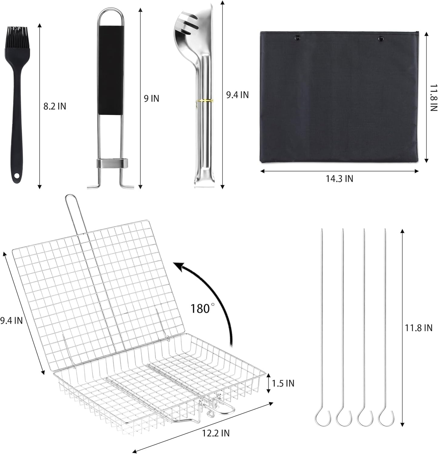 Pleafind Grill Basket Set - 8 PCS, Portable BBQ Grilling Basket with Removable Handle, Stainless Steel Grill Baskets for Outdoor Grill, Includes Silicon Brush, Steel Clip and 4 Skewers