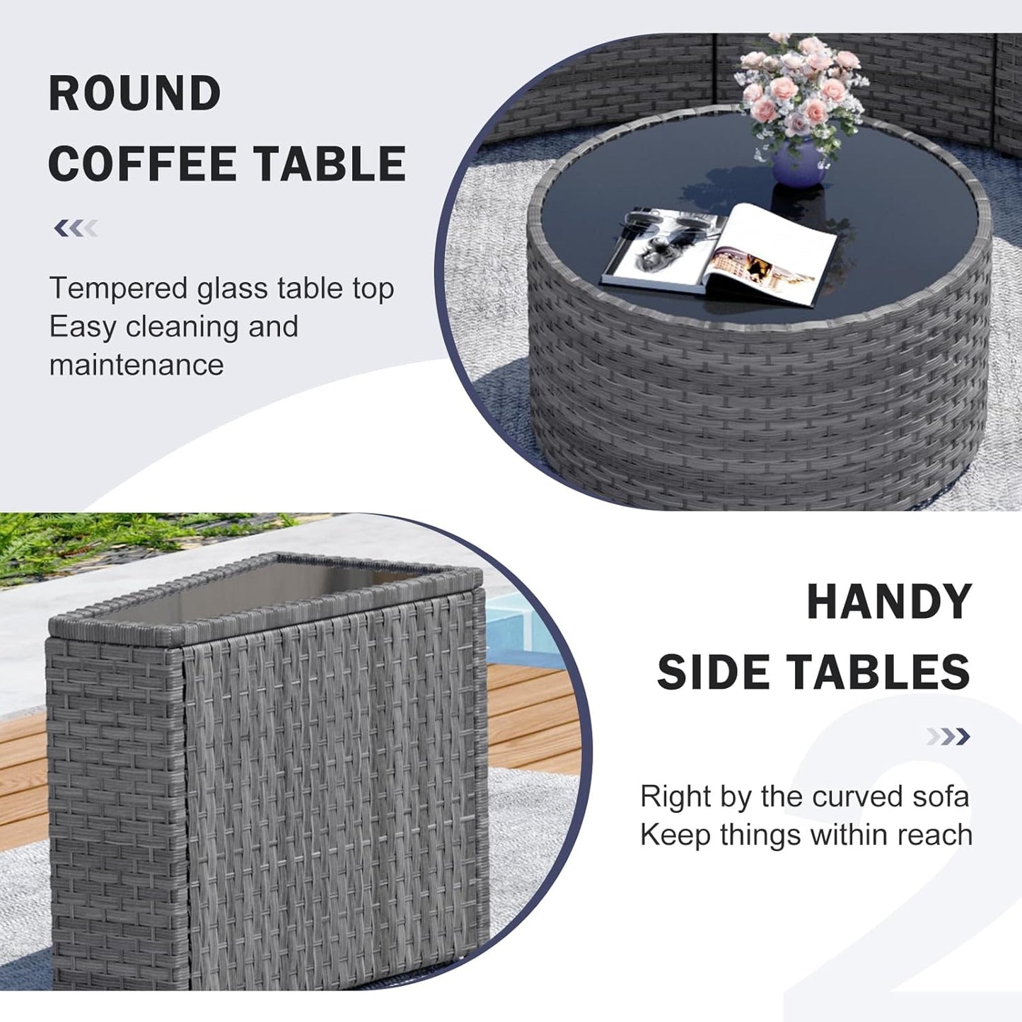Outdoor Patio Furniture Set with Table, 11 Pieces Grey Rattan Half-Moon Sectional Round Set, Curved Conversation Set, Wicker Sofa with Tempered Glass Coffee Table (Gray, 11 Pieces)