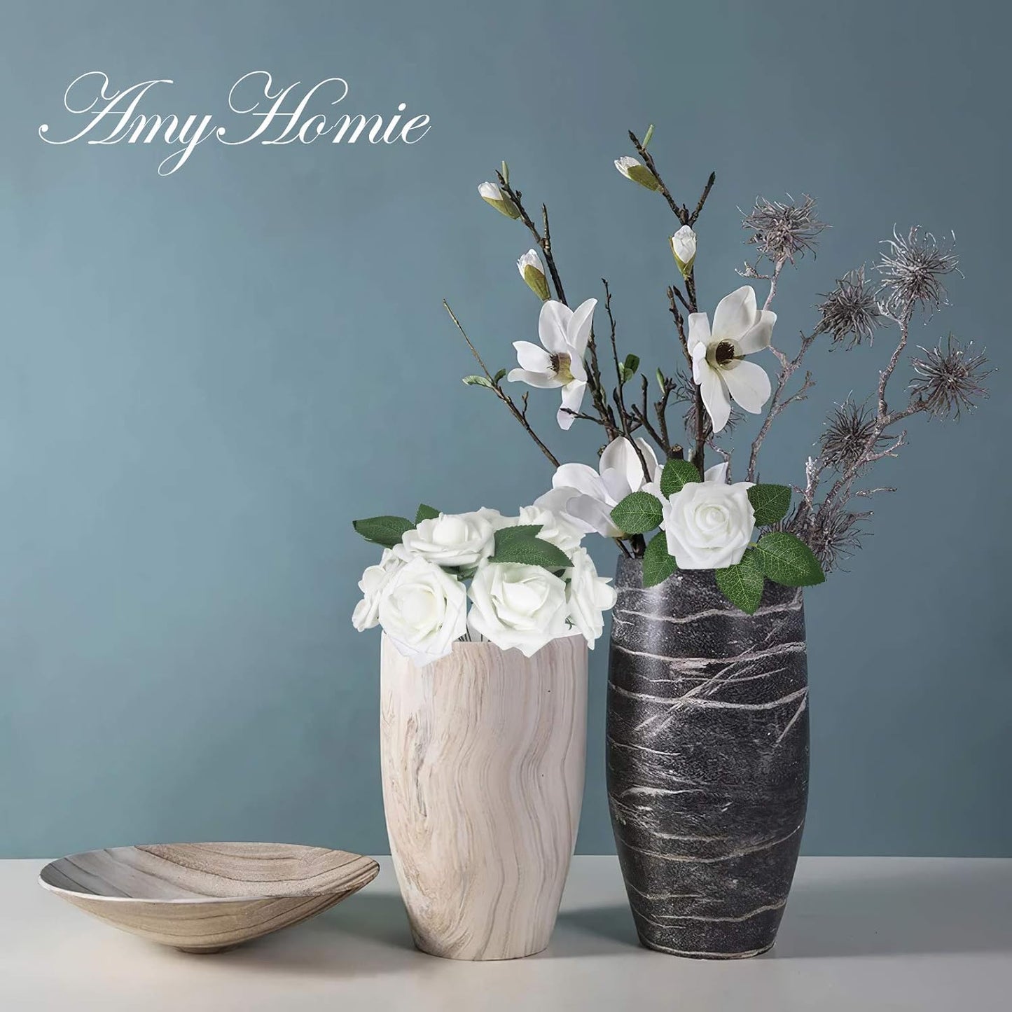 AmyHomie Artificial Flower White Rose 25pcs Real Looking Fake Roses w/Stem for DIY Wedding Bouquets Centerpieces Arrangements Party Baby Shower Home Decorations