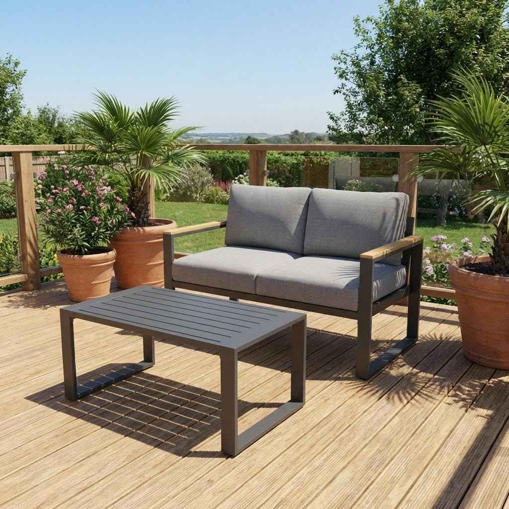 Modern Aluminum Patio Loveseat and Coffee Table Set - All-Weather Outdoor Furniture - Washable Thick Cushions - Rust Resistant, Easy Assembly - Comfortable for Balcony, Garden, Deck, Backyard - Gray