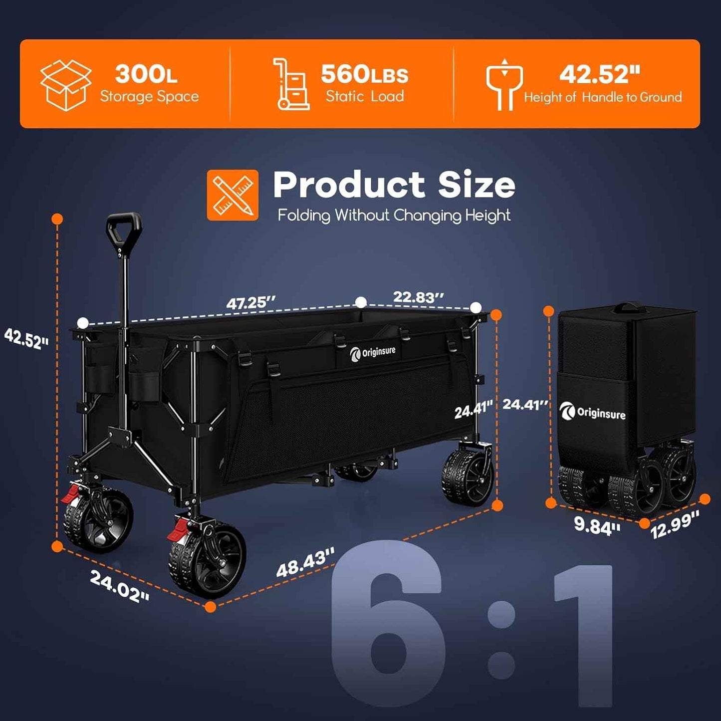 48" L Collapsible Wagon Cart Foldable, 560lbs Weight Capacity 300L Heavy Duty Folding Beach Wagons with Big All-Terrain Wheels, Utility Carts for Groceries, Shopping, Camping, Sports - Black