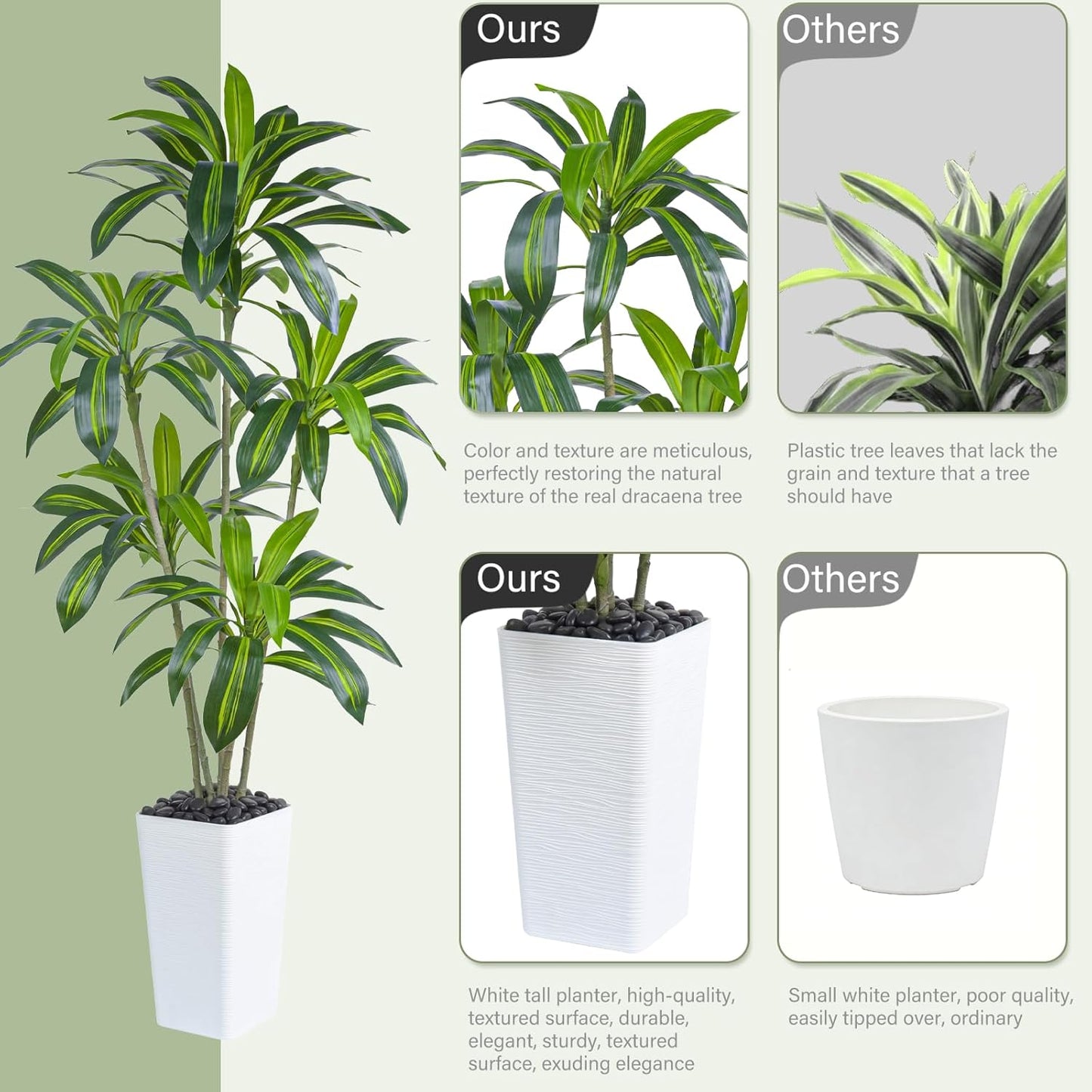 Artificial Dracaena Tree, 6FT Artificial Plants Indoor with White Tall Planter, Faux Yucca Silk Tree Fake Tropical Floor Plant in Pot, Fake Plants for Home House Room Office Entryway Porch Decor