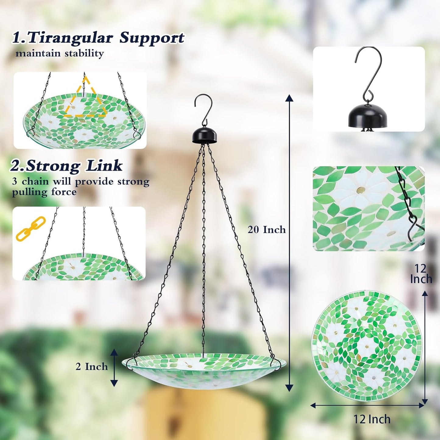 MUMTOP Mosaic Hanging Bird Bath-Bird Baths for Outdoors - 12 Inch Glass Birdbath Bird Water Bowl Bird Feeders for Outside, Garden, Lawn Yard Decor（Flower & Leaf）