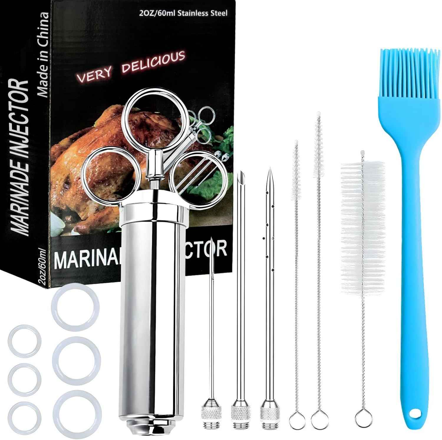 304-Stainless Steel Meat Injector Syringe Kit with 3 Marinade Needles for BBQ Grill Smoker, Turkey, Beef, Brisket, Fish, 2-oz Large Capacity, Silicone Brush and Cleaning Brush