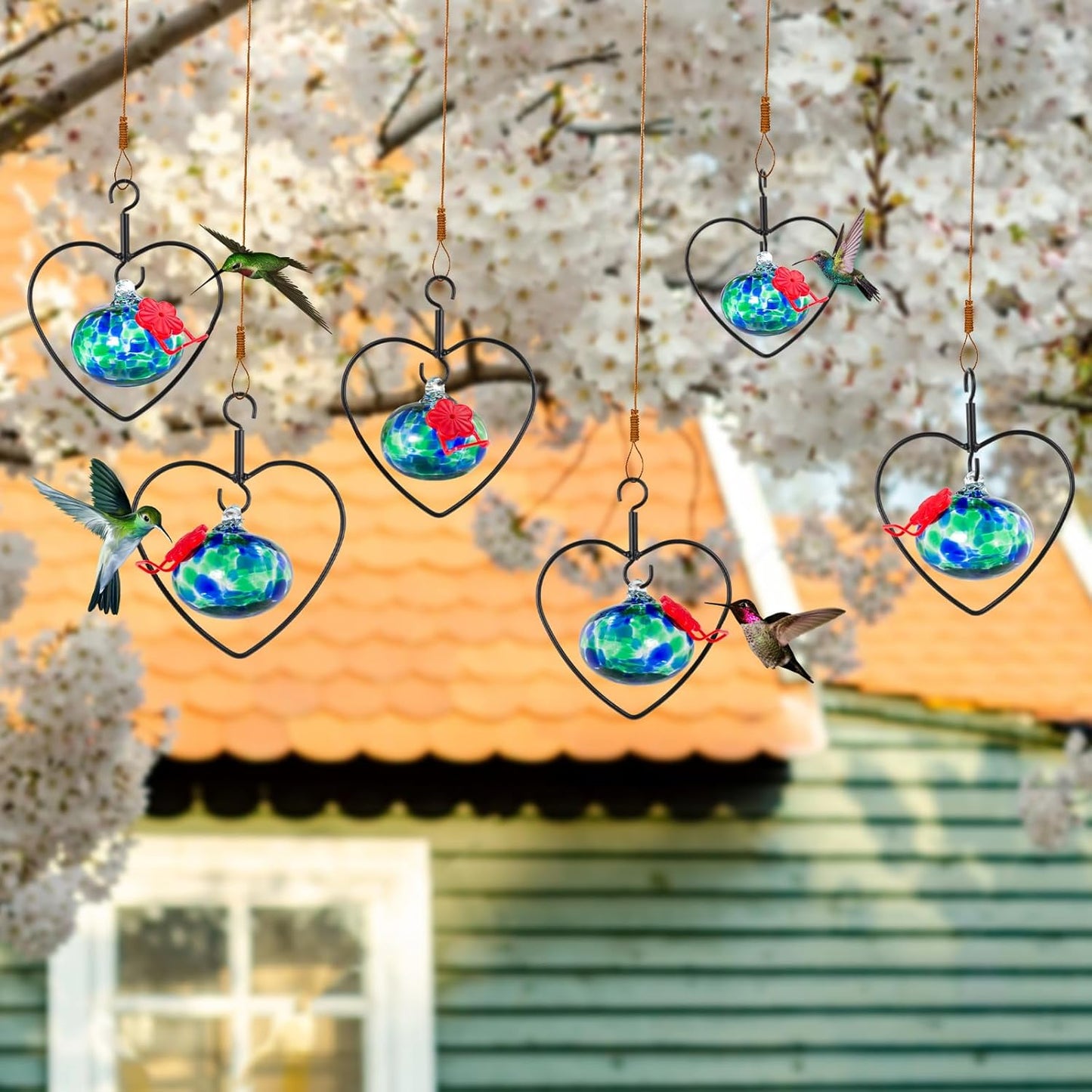 6 Pcs Heart-Shaped Hummingbird Feeder for Outdoors, Flexible Stackable Hand Blown Glass Humming Bird Feeders with 6 Adjustable Perch for Garden Tree Yard Patio Outdoors (Heart Shaped, Dotted Blue)