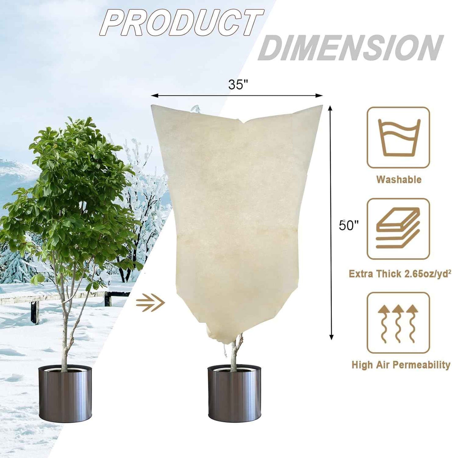 Plant Covers Freeze Protection – 35" × 50" Reusable Plant Protector Bag with Drawstring and Zipper for Plants Trees Shrub, Frost Jacket Warm Blanket for Freeze Frost Protection Season Extension