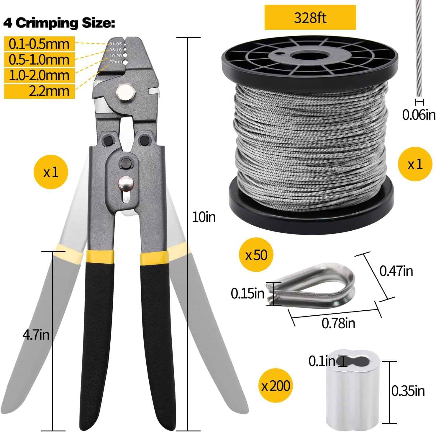 328ft Wire Rope Crimping Tool Kit, 1/16" Stainless Steel Wire Rope Cable with Aluminum Crimping Sleeves and Stainless Steel Thimbles for Railing, Decking, Picture Hanging