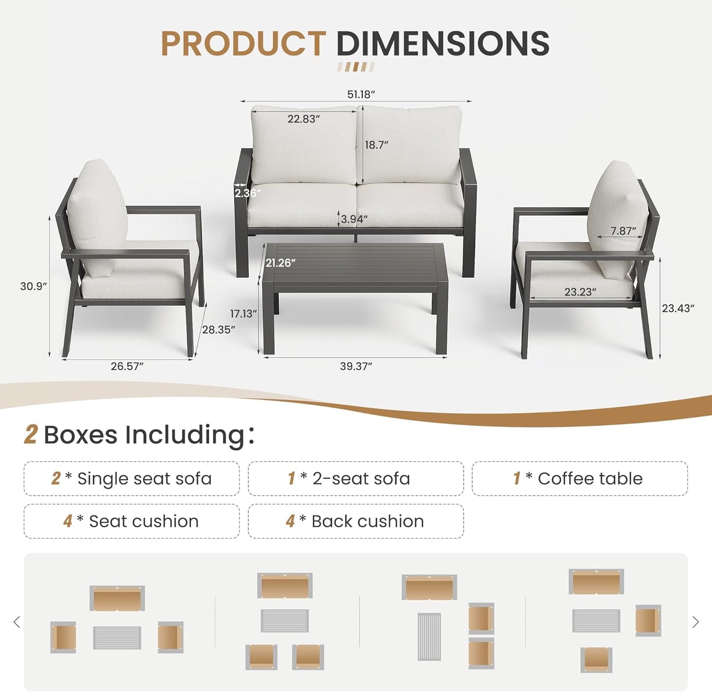 Aluminum Patio Furniture Sets Metal Outdoor Furniture Set with Cushion All-Weather Sectional Sofa with Coffee Table for for Backyard, Garden and Poolside Easy Assembly(Beige)