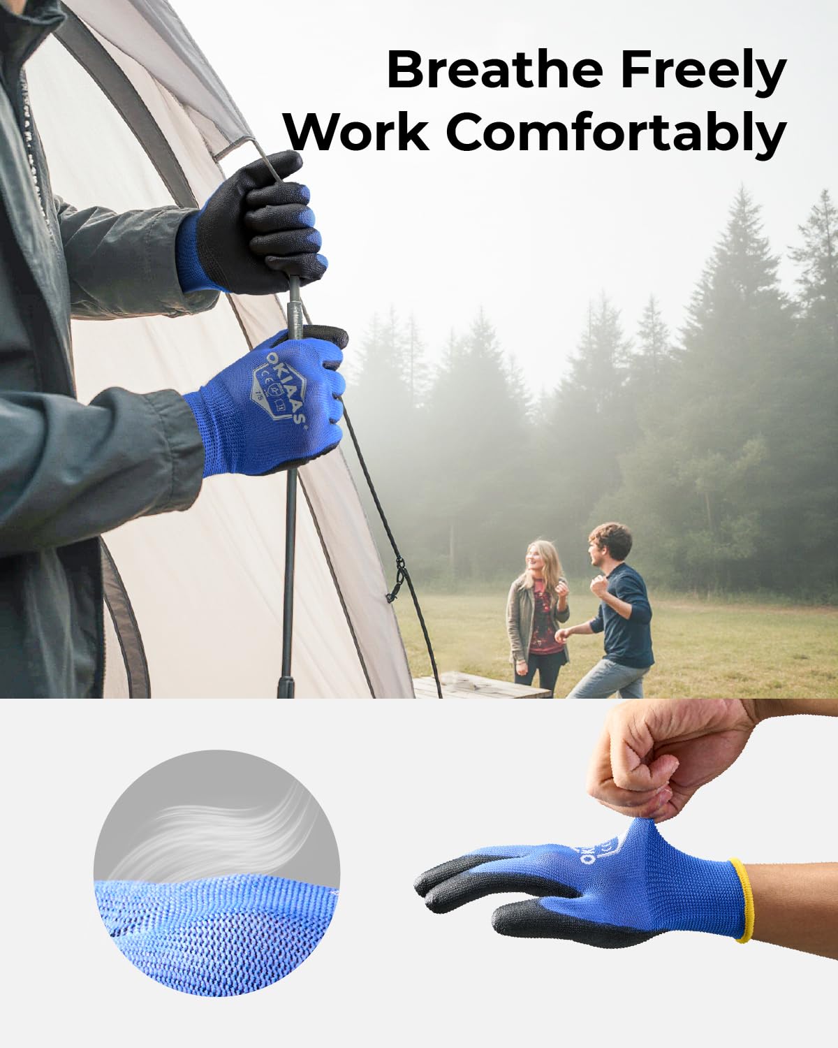 OKIAAS Work Gloves for Men，Ultra Thin and Lightweight Working Gloves with Grip, 12 Pairs Bulk Pack with Polyurethane Coating, for Light Duty Work (Blue, Small)
