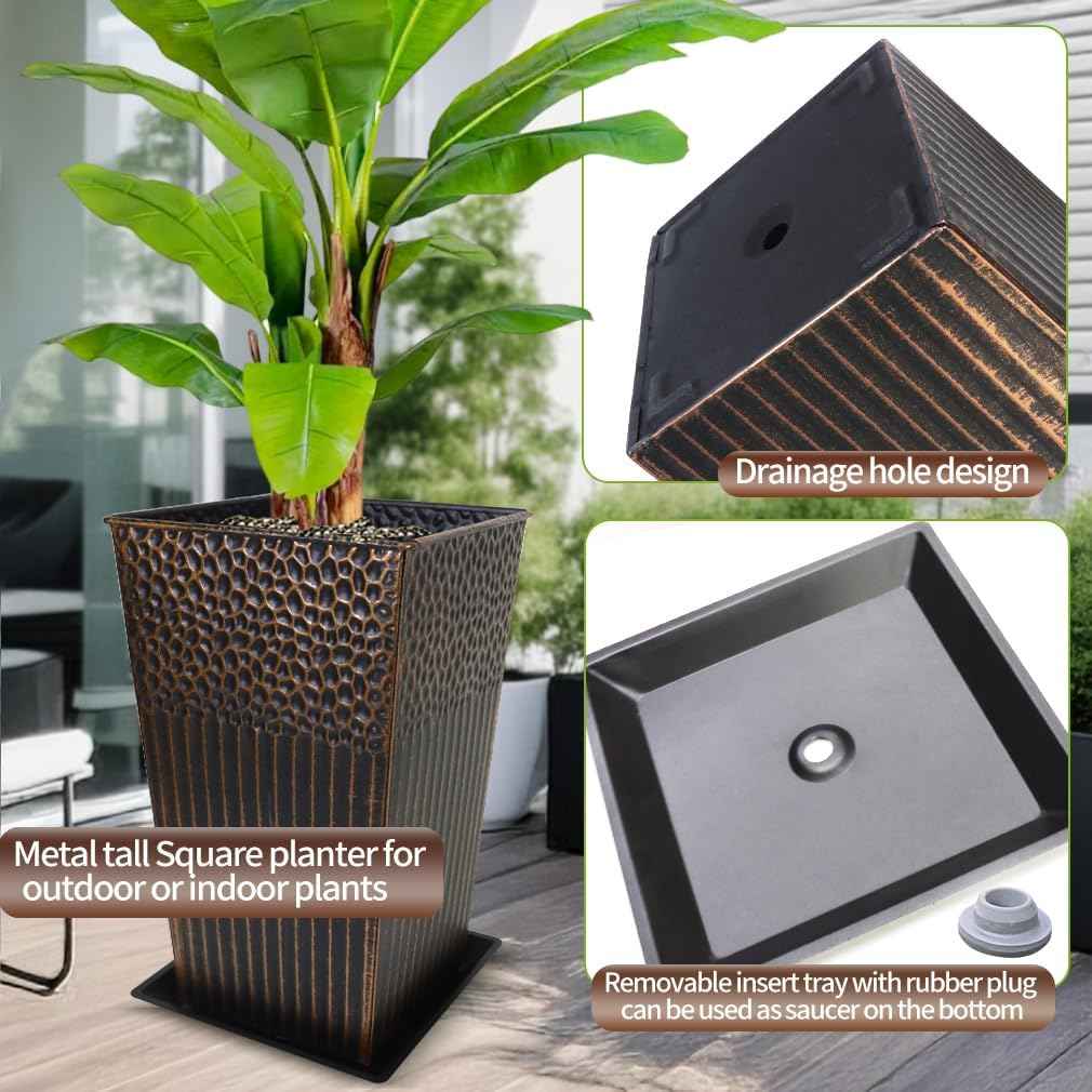 2 Pcs Pack Metal Tall Tapered Planter Pots Steel Large Square Planter Flower Pot with Drainage Holes for Indoor Outdoor Deck Porch Garden Home Patio Front Door (Antique Copper, 17" H.)