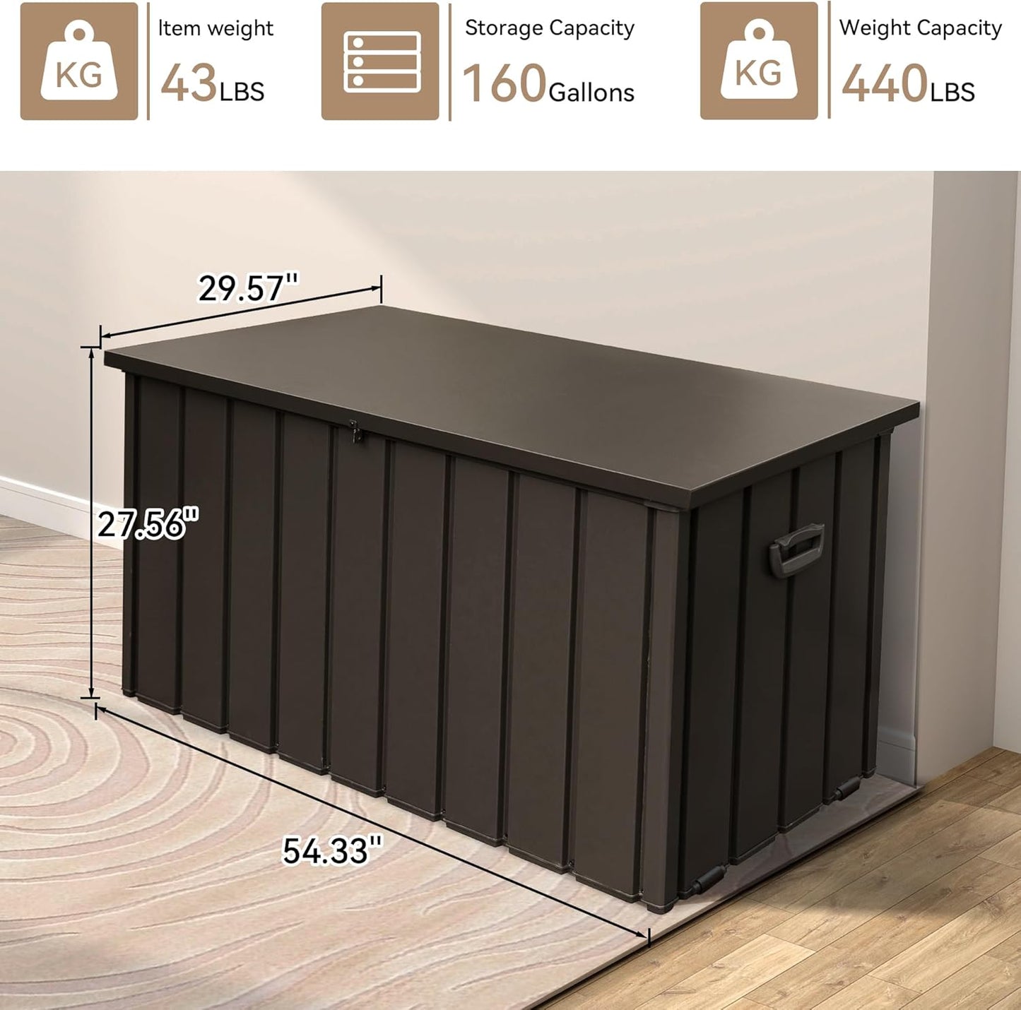 Metal Outdoor Storage Box,160 Gallon Waterproof Large Deck Box, Lockable Heavy Duty Home and Outside Storage Cabinet/Bin Container for Patio/Poolside/Backyard Cushions, Pillow -Brown
