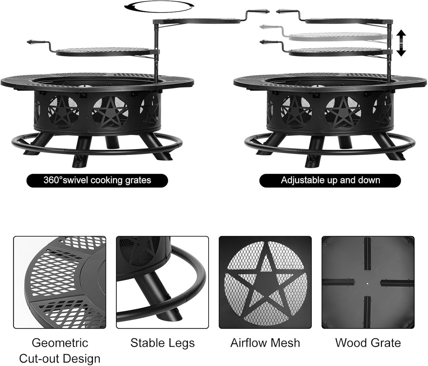 42 Inch Fire Pit with 2 Grills, Extra Large Wood Burning Fire Pits for Outside with Lid & Poker, Heavy Duty Firepit,BBQ& Outdoor Fire Pit & Round Metal Table 3 in 1 for Patio, Picnic, Party