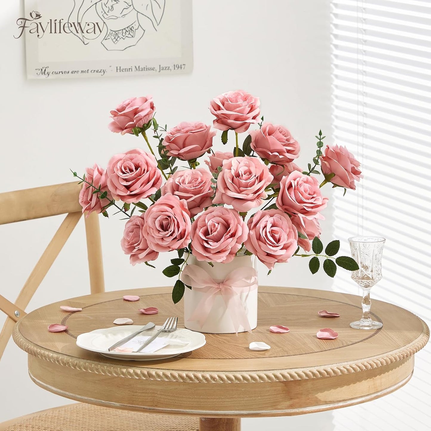 20PCS Artificial Dusty Pink Roses, 3.9'' Silk Flower Head Fake Dusty Pink Rose with Long Stems, Realistic Faux Roses Bouquet for Mother's Day DIY Wedding Home Party Office Decoration