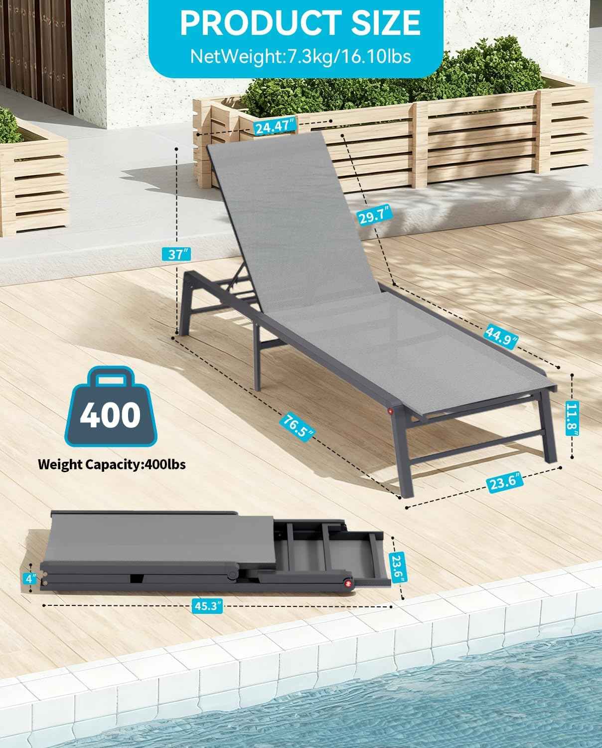 Aluminum Chaise Lounge Outdoor, Foldable & Assemble-Free Lounge Chair Outdoor Set of 2, Lounge Chair with 5 Adjustable Backrest, Patio Lounge Chair for Outside, Poolside, Beach, Pool, Grey