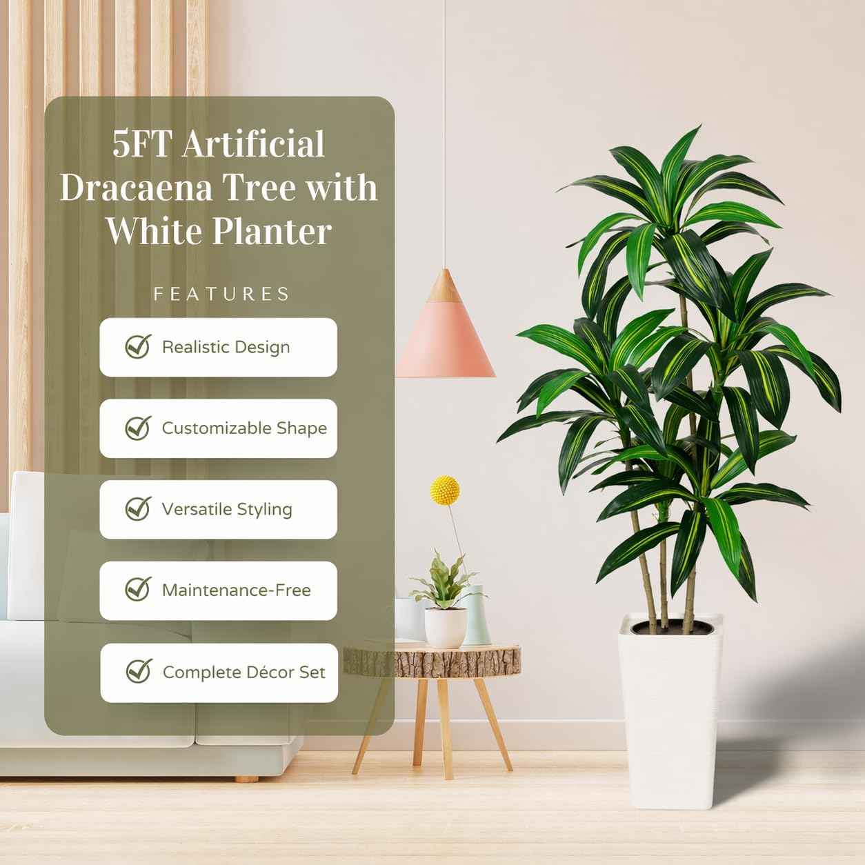 5FT Artificial Dracaena Plant Indoor – Tall Artificial Indoor Tree in Pot, Realistic Fake Plant Indoor for Living Room, Office, Home Decor, Faux Floor Plant, 5 ft Artificial Plants Indoor