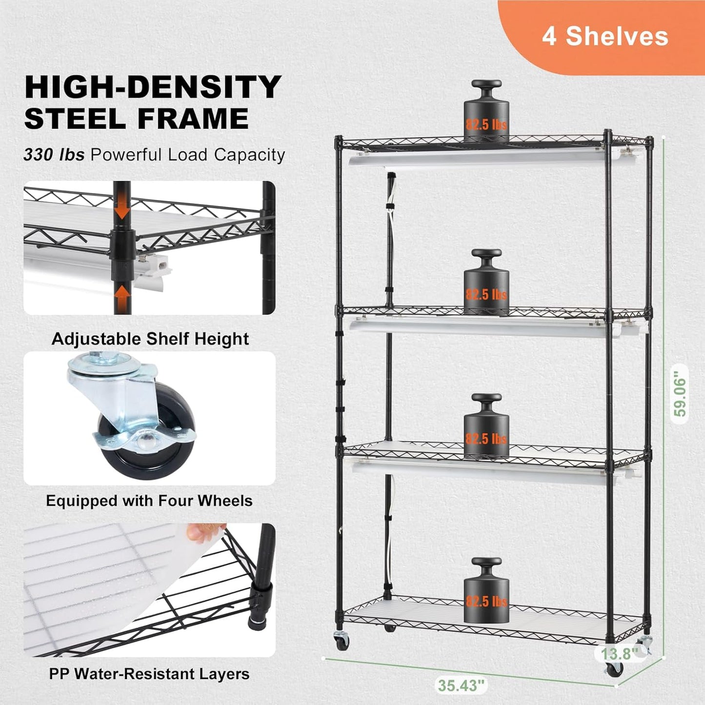 VEVOR Plant Stand with Grow Light, Grow Light Shelf with Cover and Thermometer, 4 Tiers 180W Plant Shelf with Grow Light, Full Spectrum Light Mini Greenhouse Plant Stand with Timer for Seed Starting