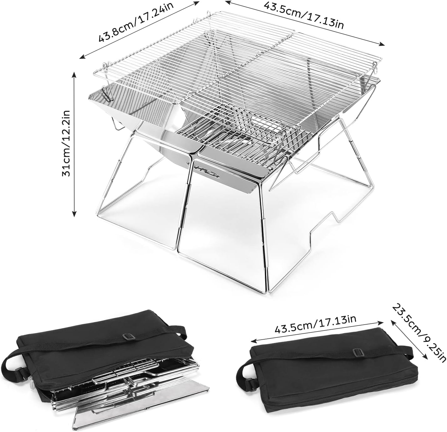 Odoland Folding Campfire Grill, 304 Stainless Steel Grate Barbeque Grill, Portable Camping Grill with Legs for Picnics, Backpacking, Outdoor with Carrying Bag and Kitchen Tongs