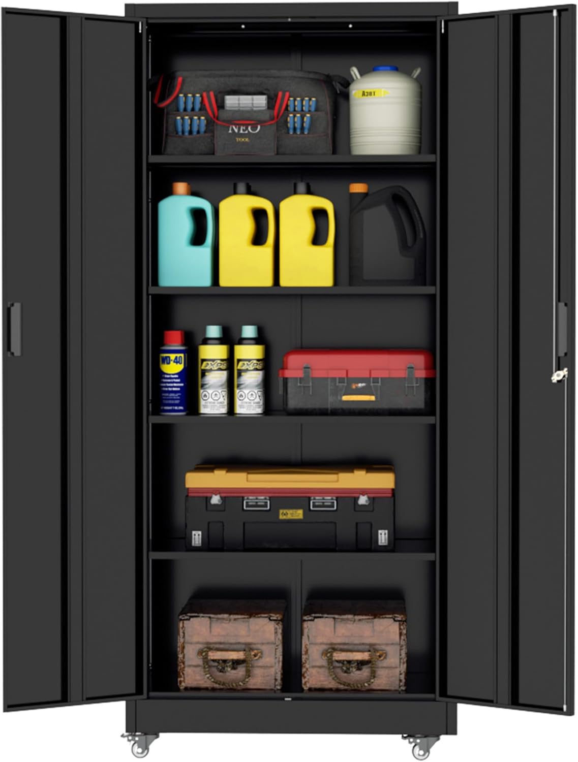 INTERGREAT Metal Storage Cabinet with Wheels, 73" Garage Storage Cabinets with Door and 4 Shelves, Tool Storage Locker on Caster for Home, Office, Black