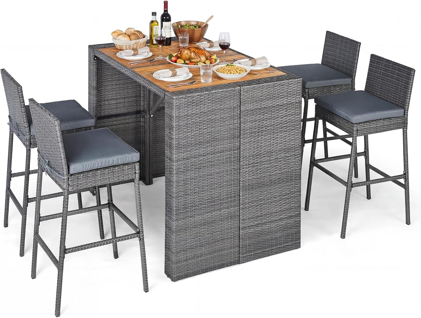 Tangkula 5 Piece Wicker Outdoor Bar Set, Patiojoy Acacia Wood Patio Table and Chairs Set with Bar Height Table & 4 Rattan Bar Stool, Backrest and Footrest for Pool Backyard Deck