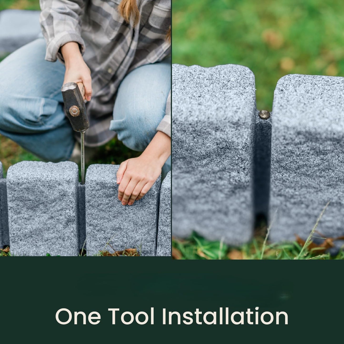 Beuta Landscape Edging | Garden Edging Border | Faux Stone Block XL for Lawn Edging, Flower Beds & Yard Edging – 1 Pack | Each Section Has 6 Blocks 48" L x 4" W x 9.5" H | 3 Spikes | Greystone